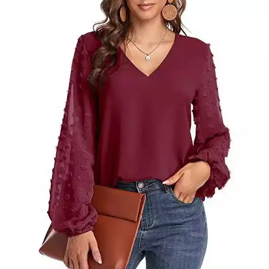 Green V-Neck Chiffon Long Sleeve Top for Women