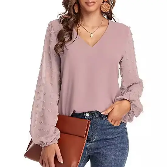 Green V-Neck Chiffon Long Sleeve Top for Women
