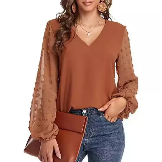 Green V-Neck Chiffon Long Sleeve Top for Women