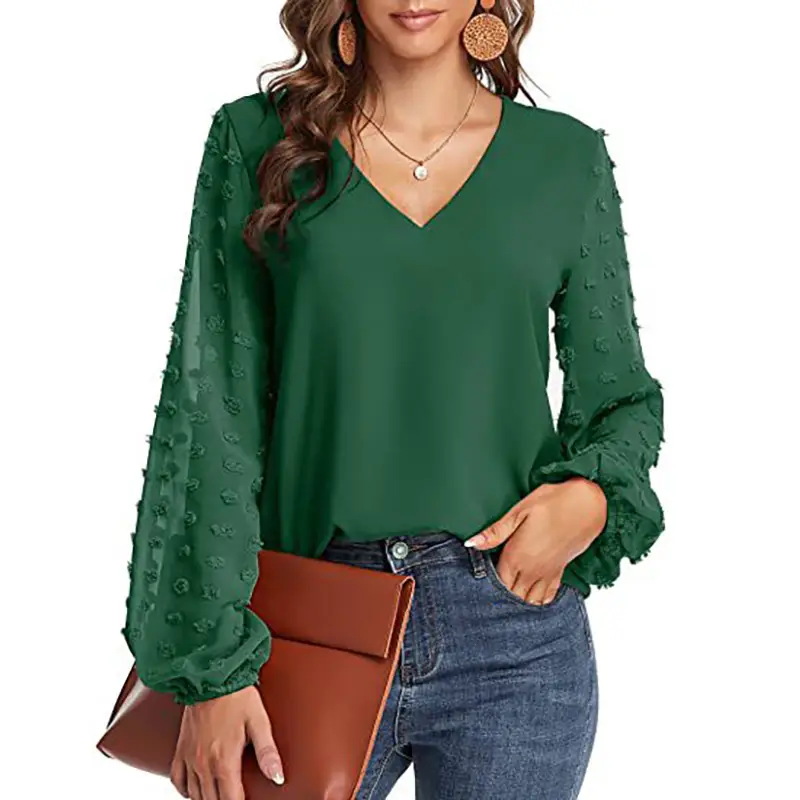 Green V-Neck Chiffon Long Sleeve Top for Women