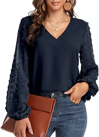 Green V-Neck Chiffon Long Sleeve Top for Women