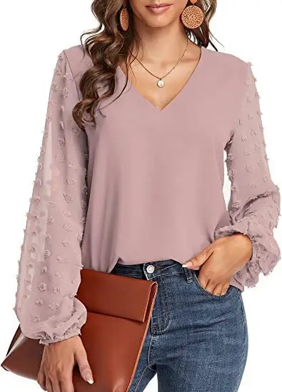 Green V-Neck Chiffon Long Sleeve Top for Women