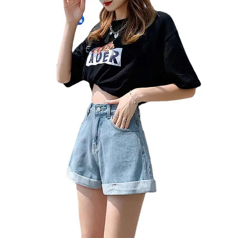 Women Black Denim Shorts High Waist 2022 - Image 7