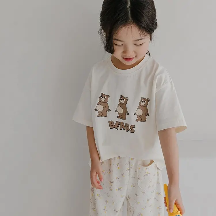 Children's Three Bears Printed T-Shirt Beige Cotton Summer Wear