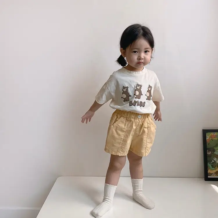Children's Three Bears Printed T-Shirt Beige Cotton Summer Wear