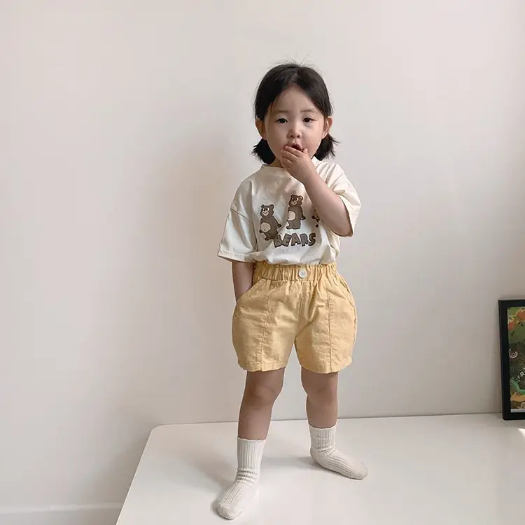Children's Three Bears Printed T-Shirt Beige Cotton Summer Wear