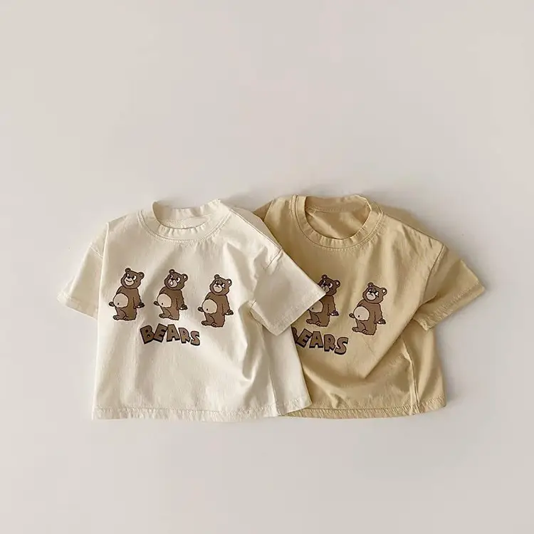 Children's Three Bears Printed T-Shirt Beige Cotton Summer Wear