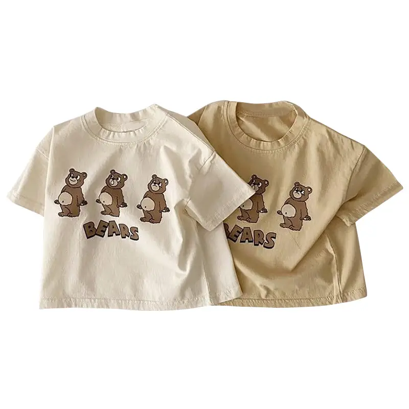 Children's Three Bears Printed T-Shirt Beige Cotton Summer Wear