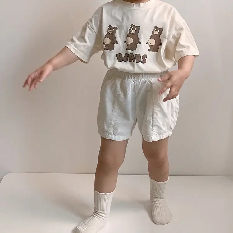 Children's Three Bears Printed T-Shirt Beige Cotton Summer Wear — feature 11