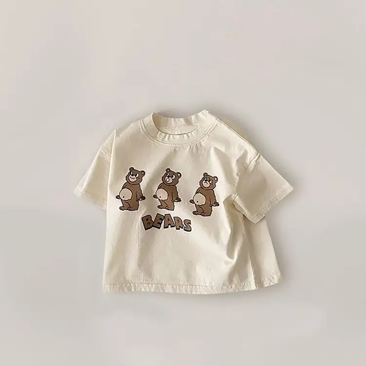 Children's Three Bears Printed T-Shirt Beige Cotton Summer Wear — feature 14