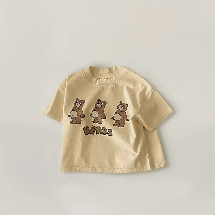 Children's Three Bears Printed T-Shirt Beige Cotton Summer Wear — feature 15