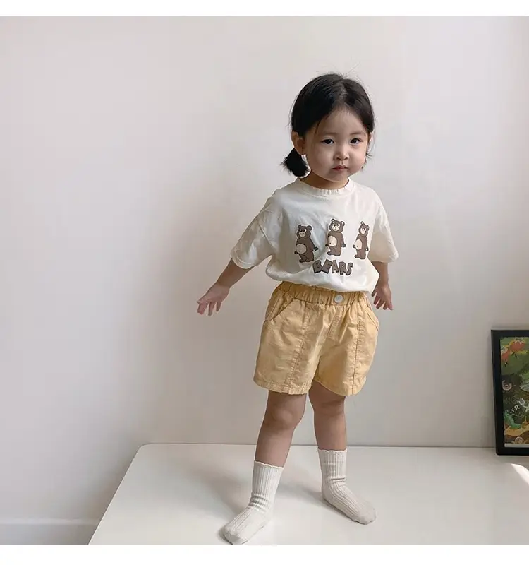 Children's Three Bears Printed T-Shirt Beige Cotton Summer Wear — feature 4