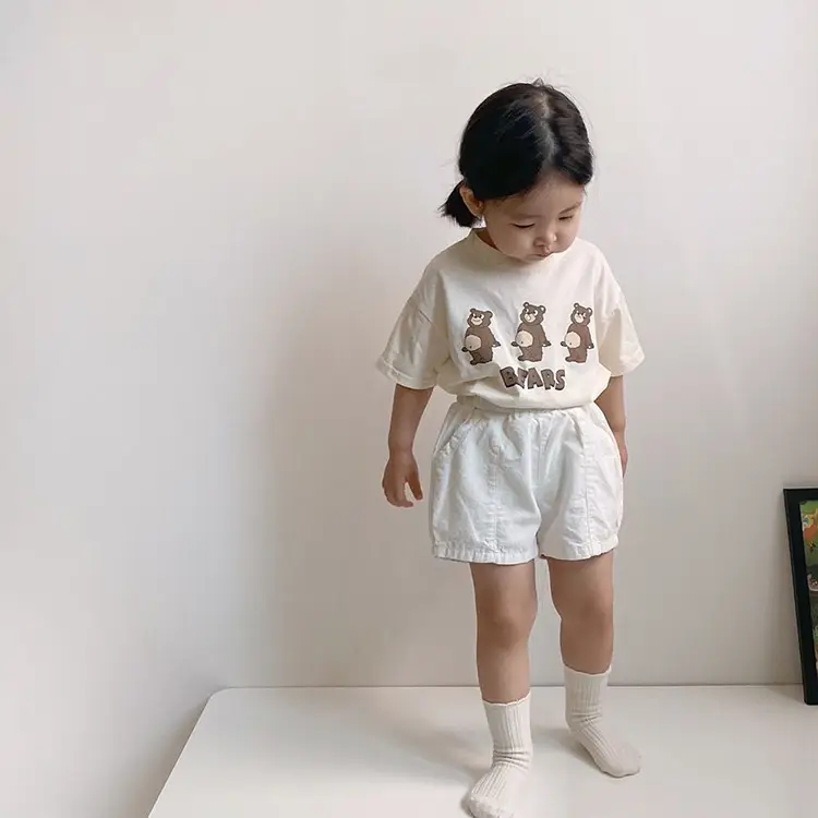 Children's Three Bears Printed T-Shirt Beige Cotton Summer Wear — feature 8