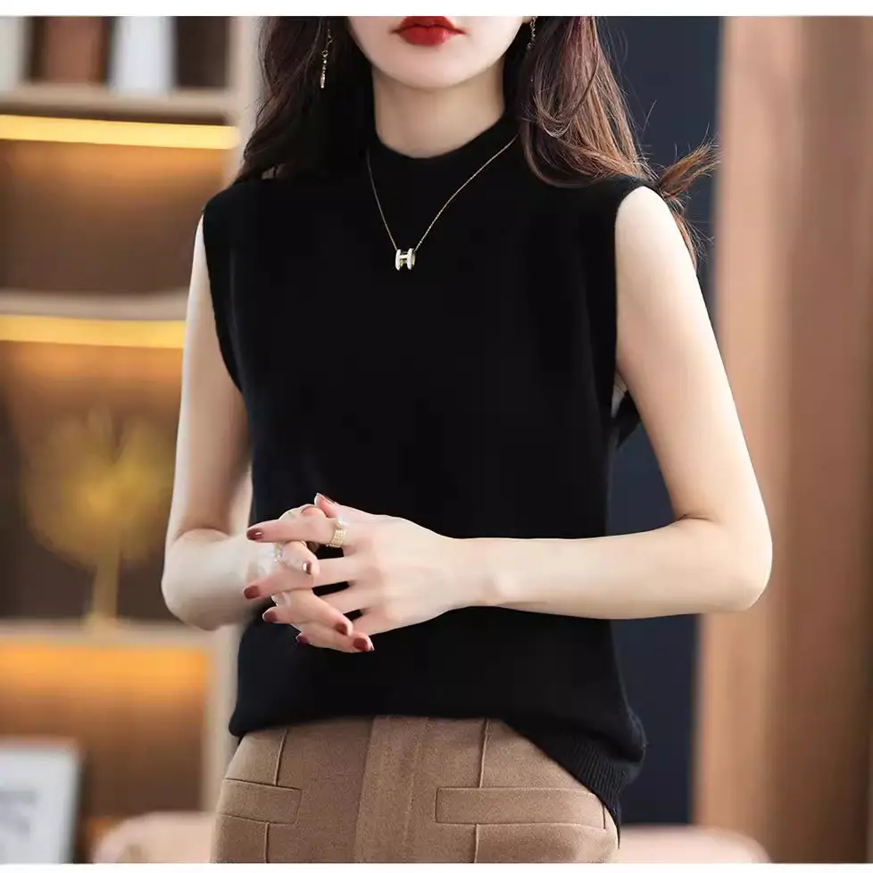 Women Sleeveless Knitted Vest Slim Fit Black - Image 10