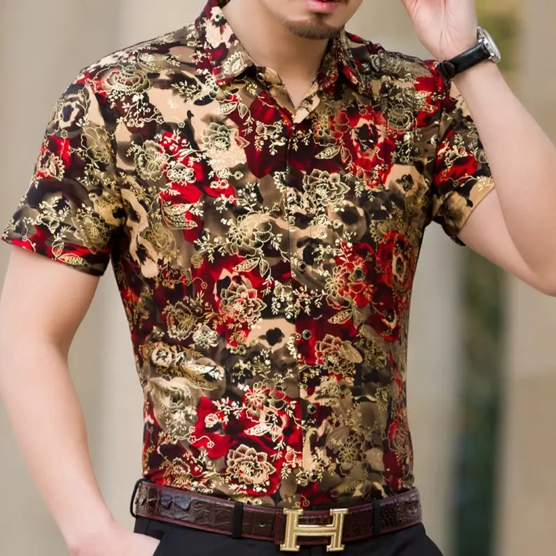 Men's Ice Silk Printed Short Sleeve Shirt Green Gold - Image 3