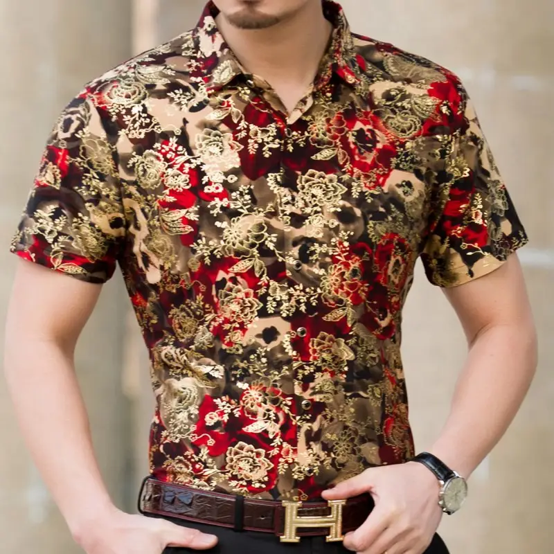 Men's Ice Silk Printed Short Sleeve Shirt Green Gold - Image 4