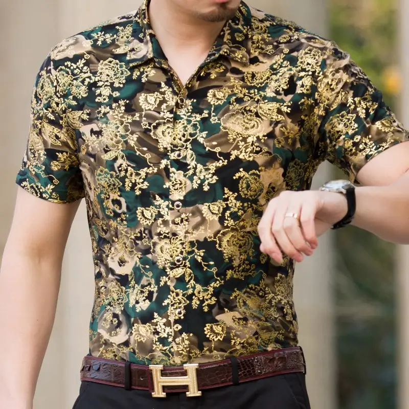 Men's Ice Silk Printed Short Sleeve Shirt Green Gold - Image 6