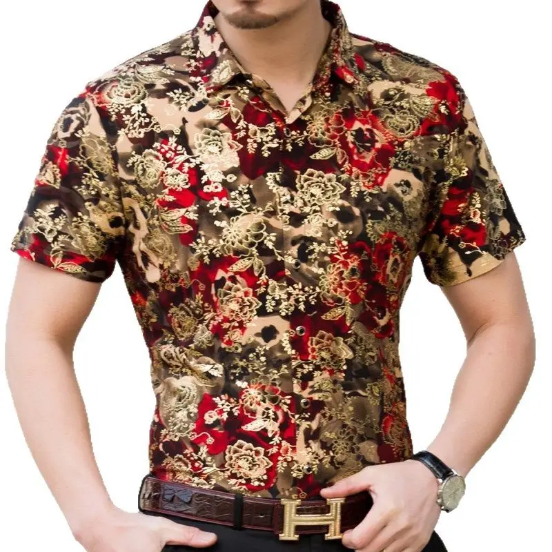 Men's Ice Silk Printed Short Sleeve Shirt Green Gold - Image 7