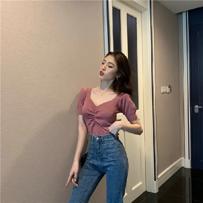 2025 Summer V-Neck Knit T-Shirt Women - Image 2