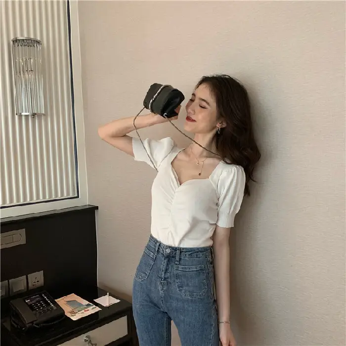2025 Summer V-Neck Knit T-Shirt Women - Image 5