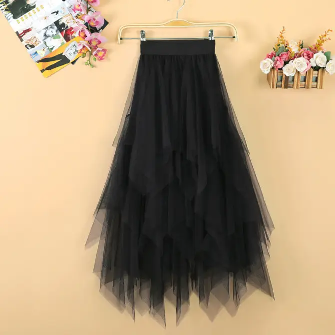 Black Mesh Irregular Skirt for Girls Mid-Length Gauze - Image 3