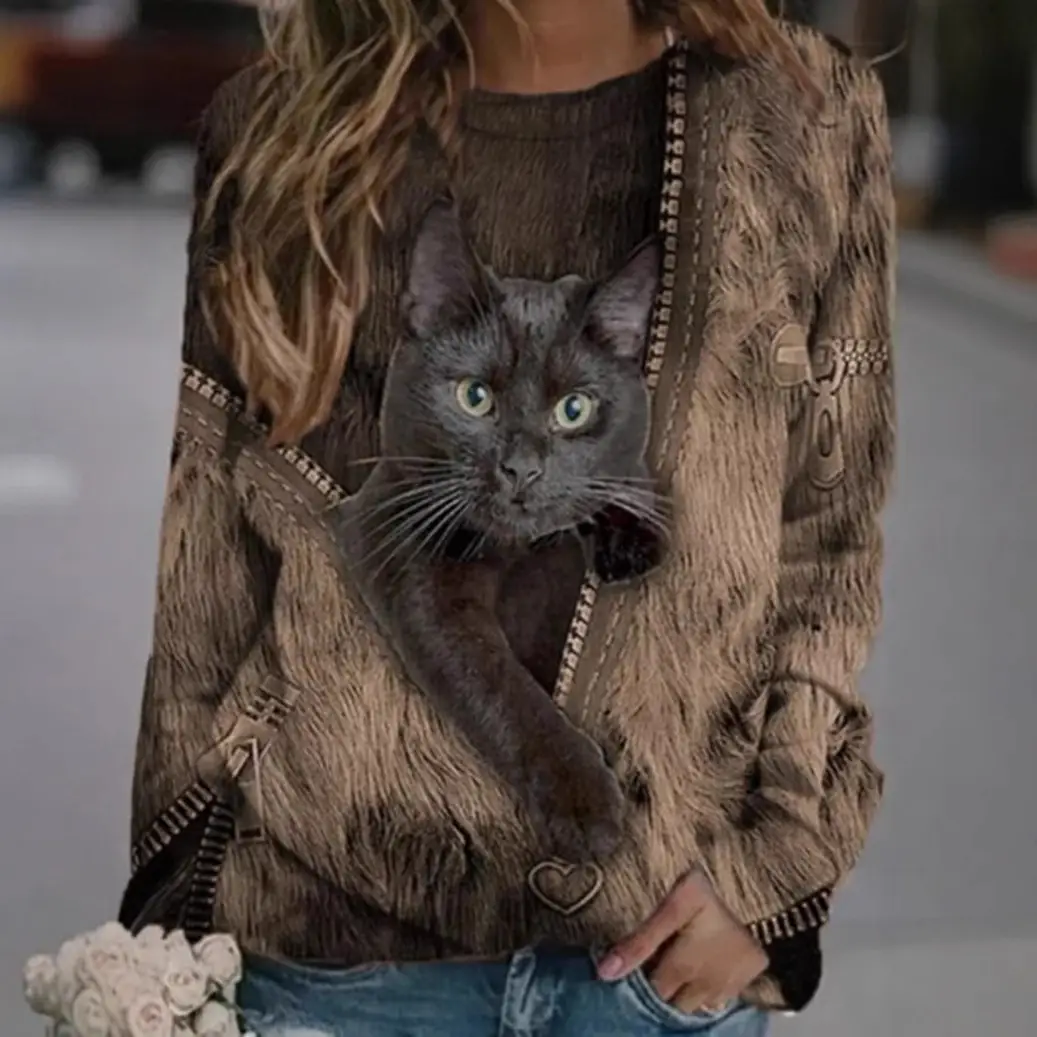 2021 Cat Printed Crossbody Jacket for Women Brown - Image 6