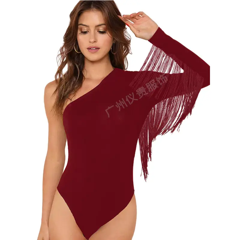 Women's Blue One-Piece Tassel Trim Slant Shoulder Jumpsuit - Image 3