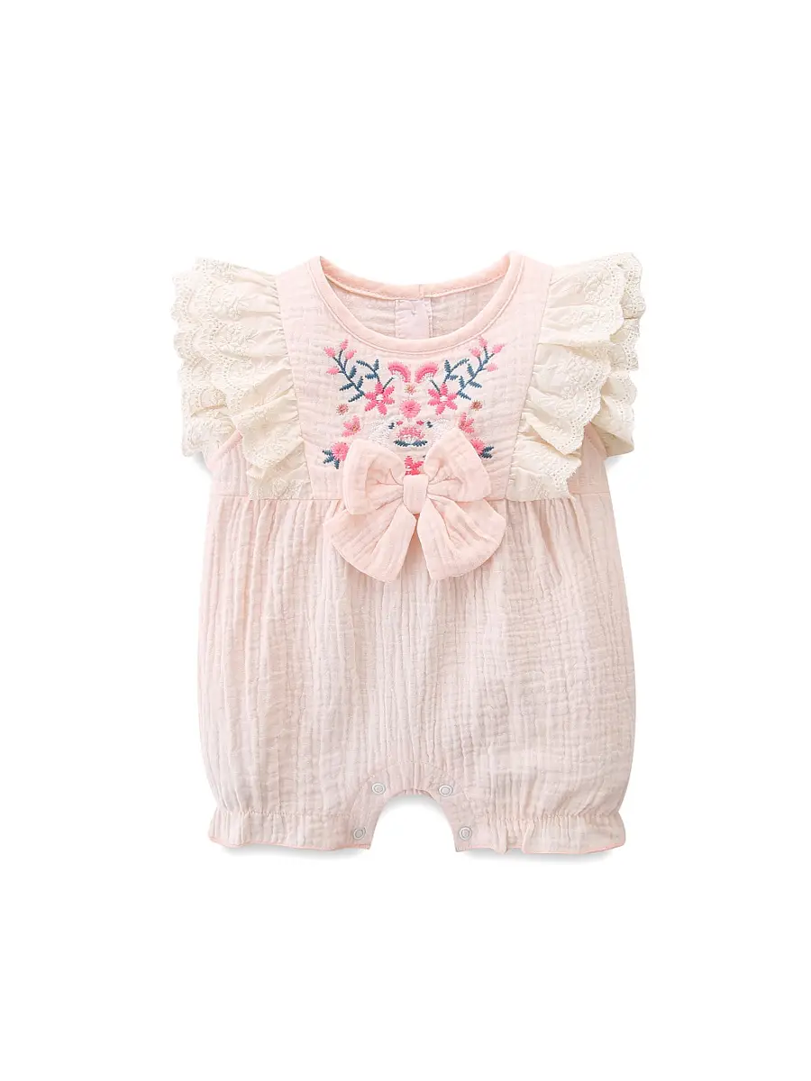Baby Cotton Lace Short Sleeve Hatshirt with Lotus Leaf Design - Image 3