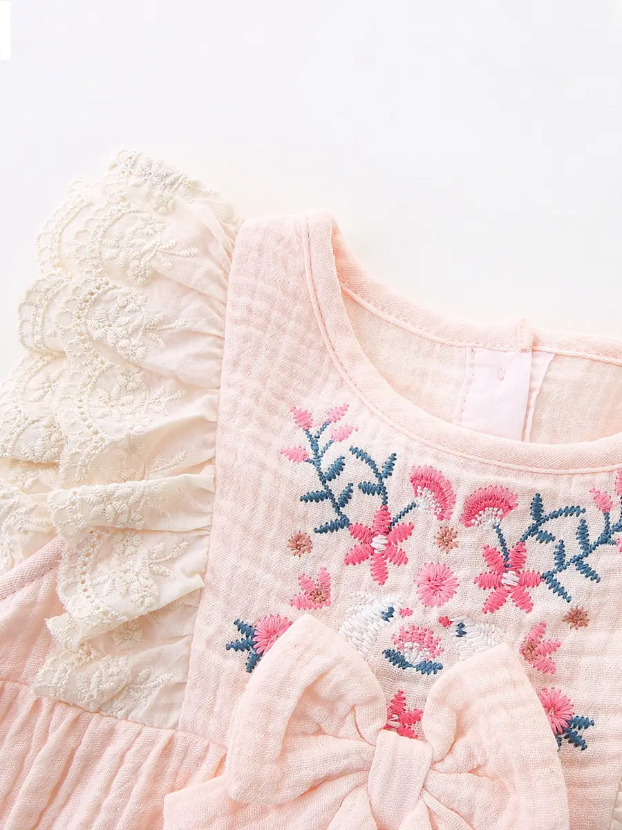 Baby Cotton Lace Short Sleeve Hatshirt with Lotus Leaf Design - Image 4