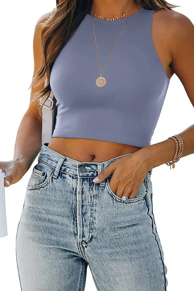 Women Sleeveless V-Neck Vest T-Shirt 2023 Summer Light Blue — feature 14