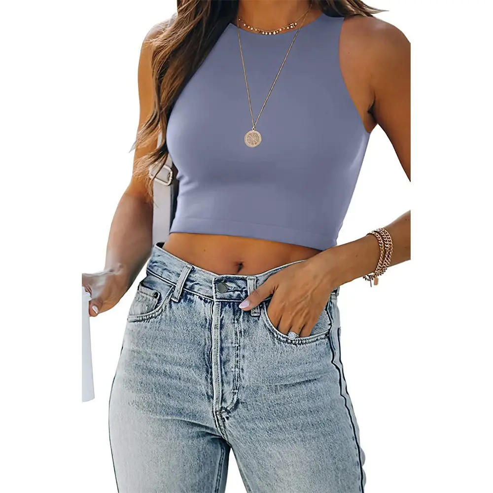 Women Sleeveless V-Neck Vest T-Shirt 2023 Summer Light Blue - Image 7