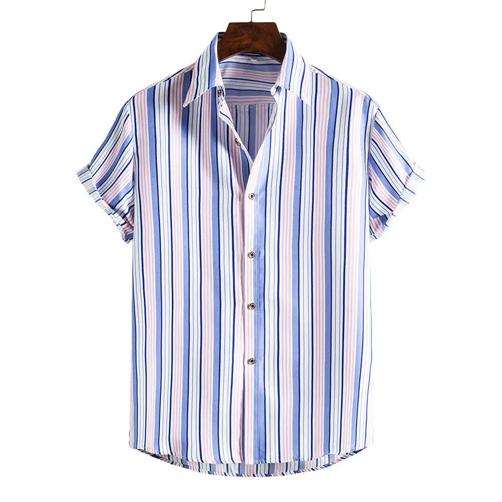 Men's Plaid Short Sleeve Beach Shirt Light Blue Pink — feature 13
