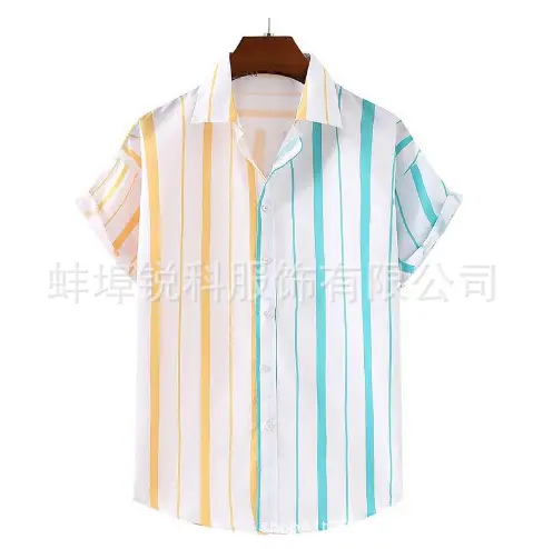 Men's Plaid Short Sleeve Beach Shirt Light Blue Pink - Image 36