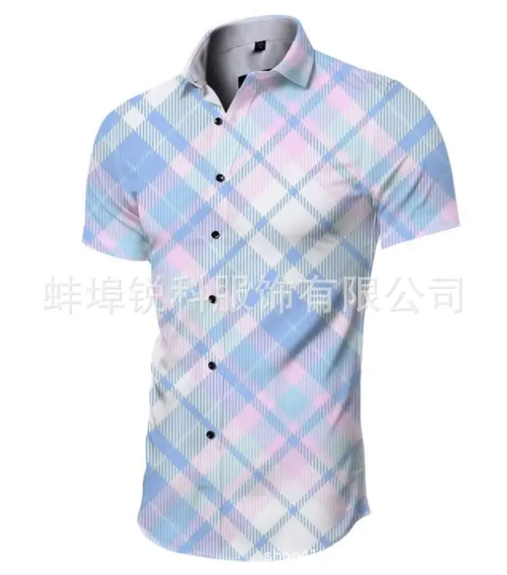 Men's Plaid Short Sleeve Beach Shirt Light Blue Pink - Image 78