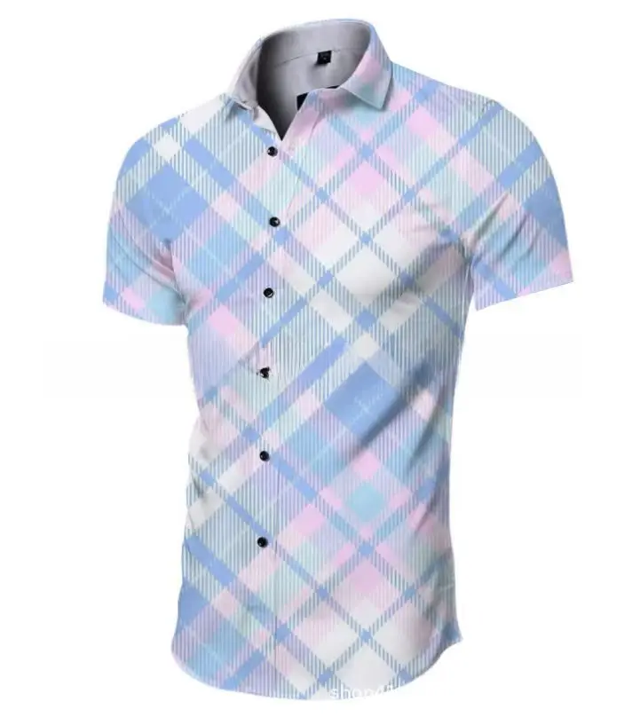 Men's Plaid Short Sleeve Beach Shirt Light Blue Pink - Image 82