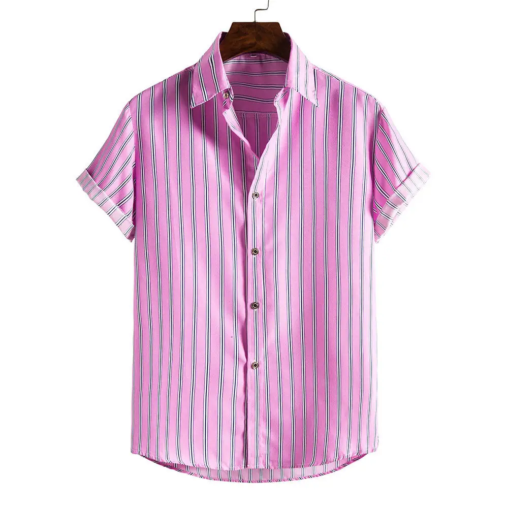 Men's Plaid Short Sleeve Beach Shirt Light Blue Pink - Image 6