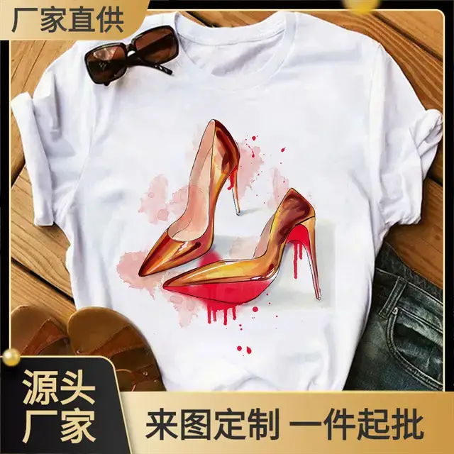 Women High Heel Printed T-Shirt White Casual Summer Wear - Image 12