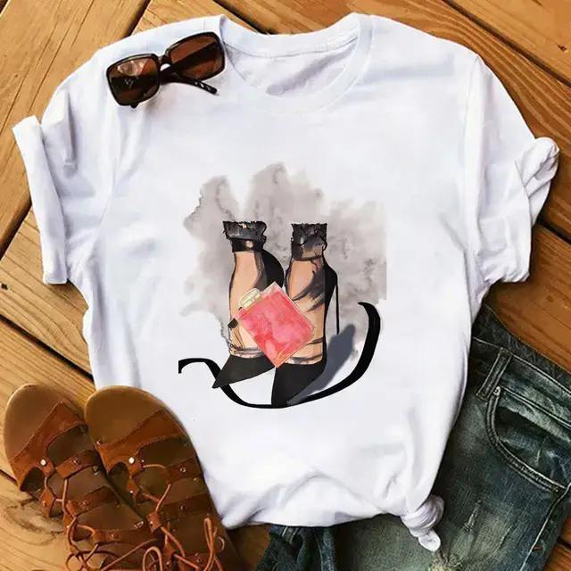 Women High Heel Printed T-Shirt White Casual Summer Wear - Image 11