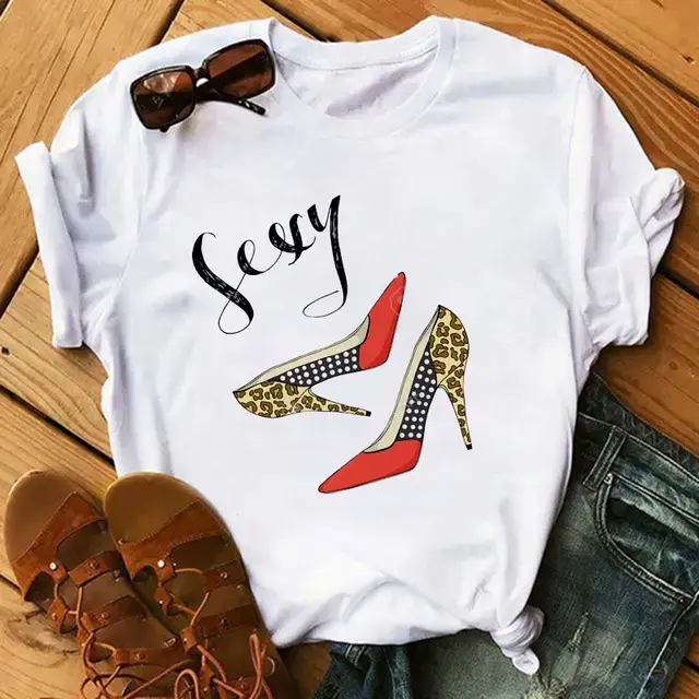 Women High Heel Printed T-Shirt White Casual Summer Wear - Image 8