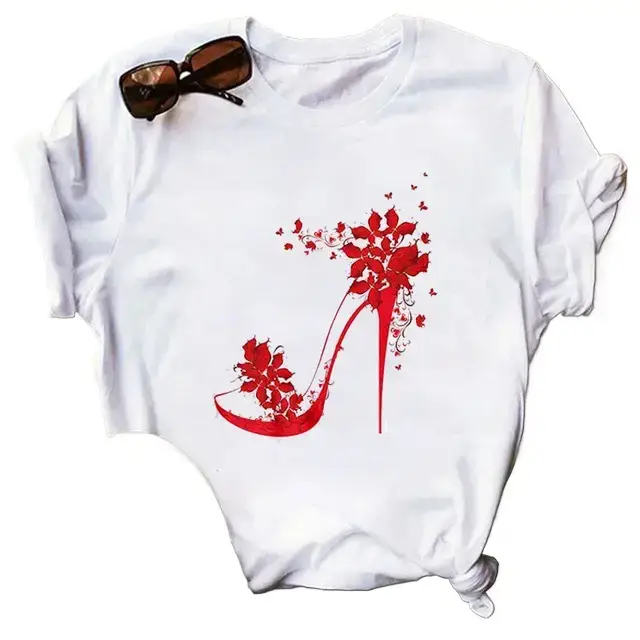 Women High Heel Printed T-Shirt White Casual Summer Wear - Image 13