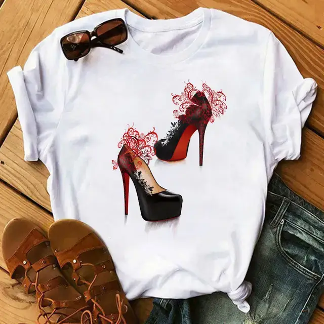 Women High Heel Printed T-Shirt White Casual Summer Wear - Image 10