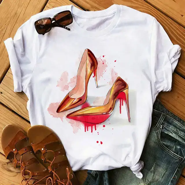 Women High Heel Printed T-Shirt White Casual Summer Wear - Image 2