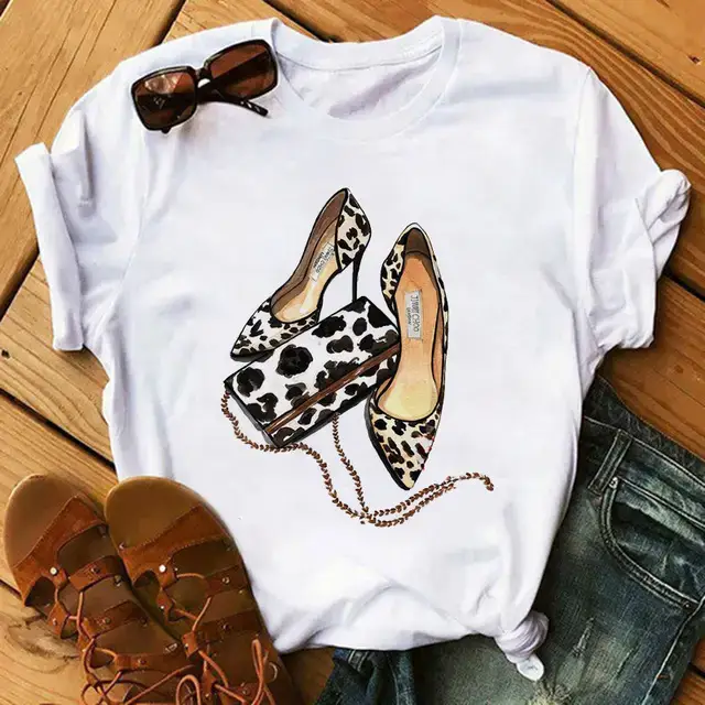 Women High Heel Printed T-Shirt White Casual Summer Wear - Image 3
