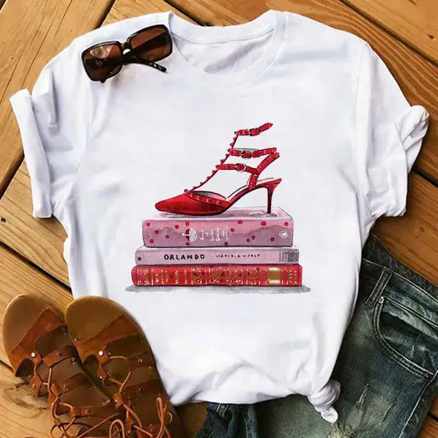 Women High Heel Printed T-Shirt White Casual Summer Wear - Image 4