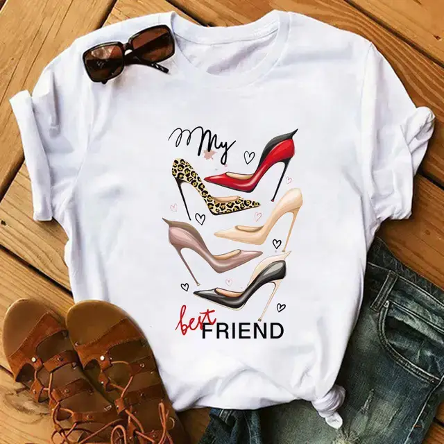 Women High Heel Printed T-Shirt White Casual Summer Wear - Image 5