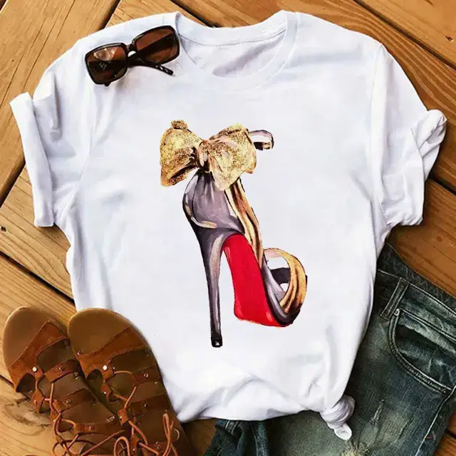 Women High Heel Printed T-Shirt White Casual Summer Wear - Image 6