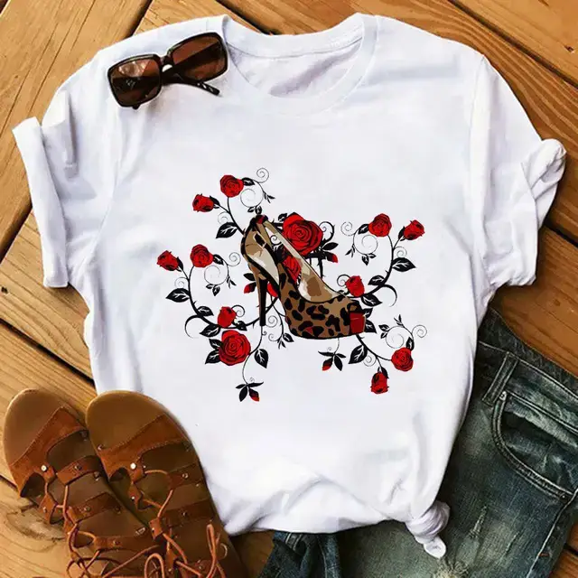 Women High Heel Printed T-Shirt White Casual Summer Wear - Image 9