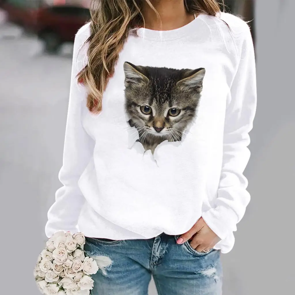 Women White Cat Print Sweatshirt Top Round Neck 2025 - Image 2