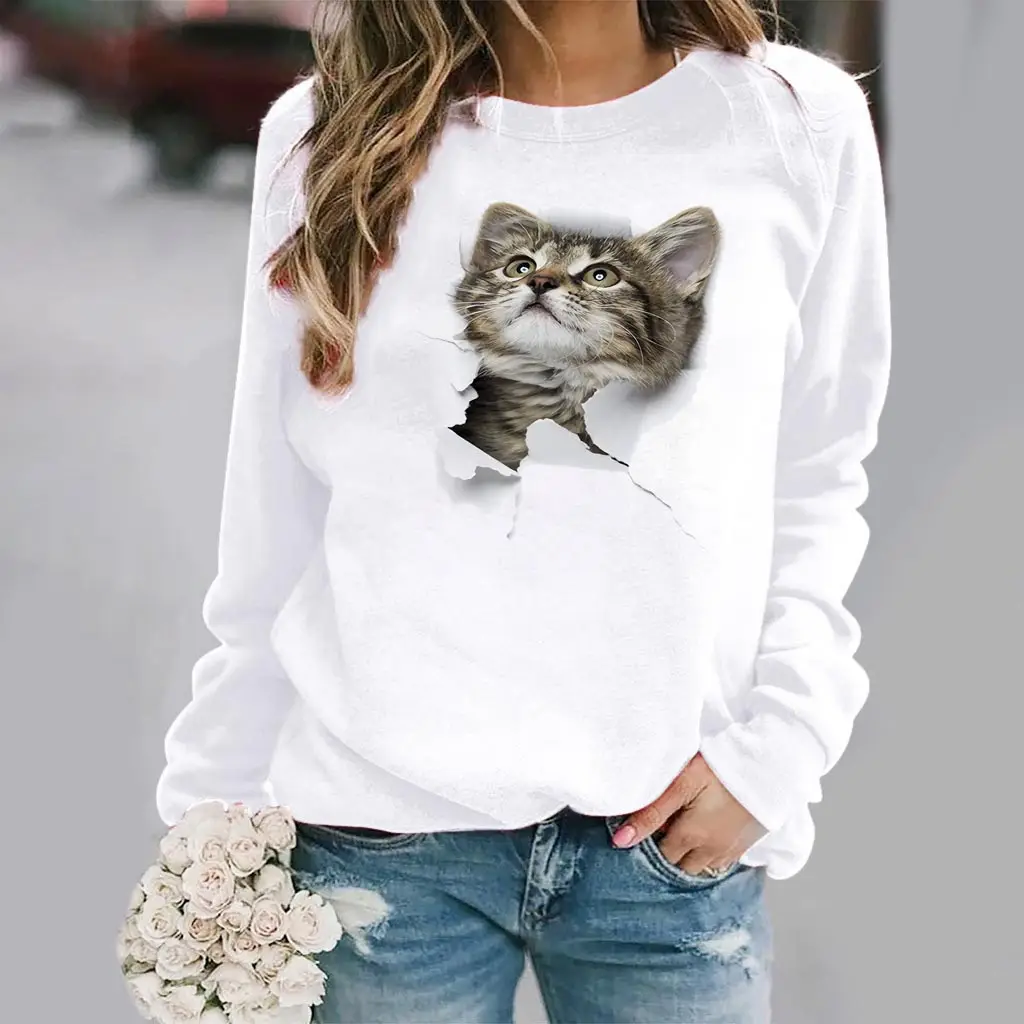Women White Cat Print Sweatshirt Top Round Neck 2025 - Image 3
