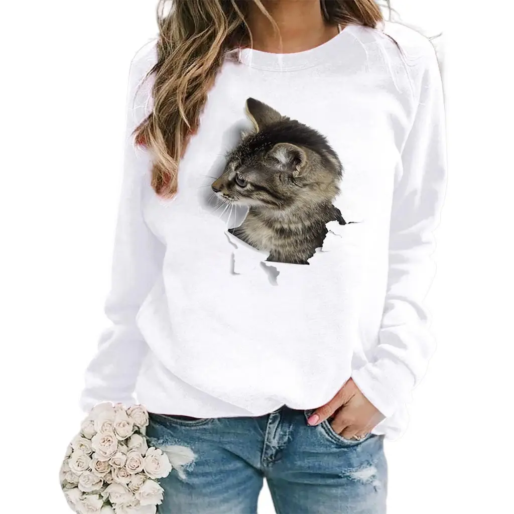 Women White Cat Print Sweatshirt Top Round Neck 2025 - Image 6